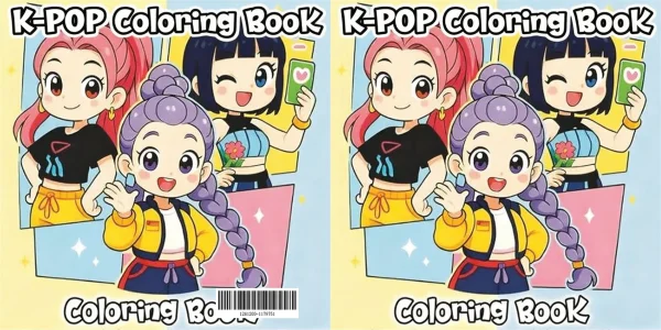 Coloring book cover, k-pop style cartoon girl group — free printable coloring page