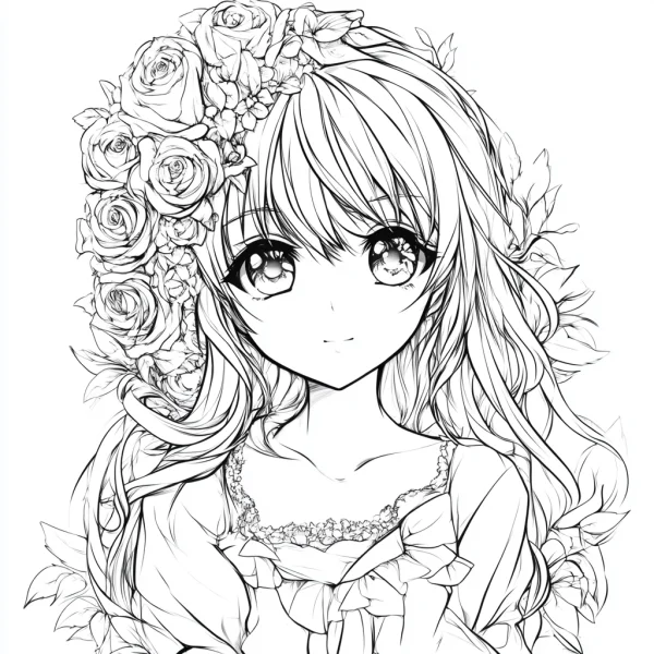Anime girl with rose flower crown, anime style — free printable characters coloring book page