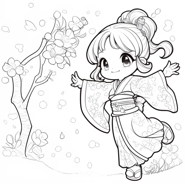 Cute cartoon girl in traditional japanese kimono, japanese cartoon style — free printable spring coloring book page
