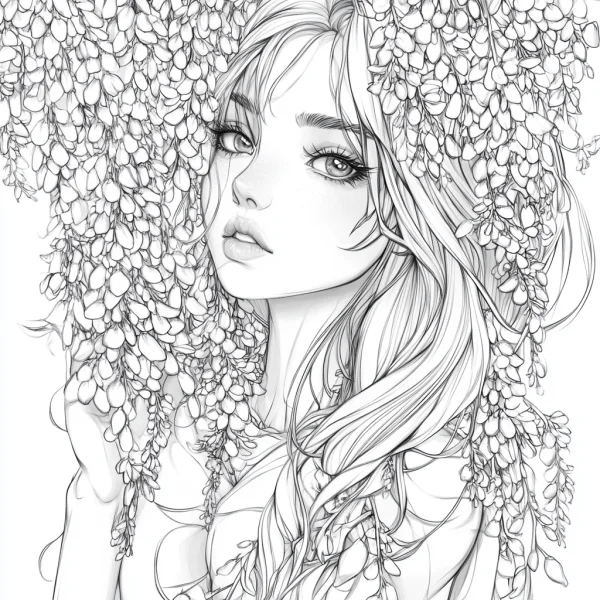 Girl surrounded by wisteria vines and flowers, illustration style — free printable characters coloring book page