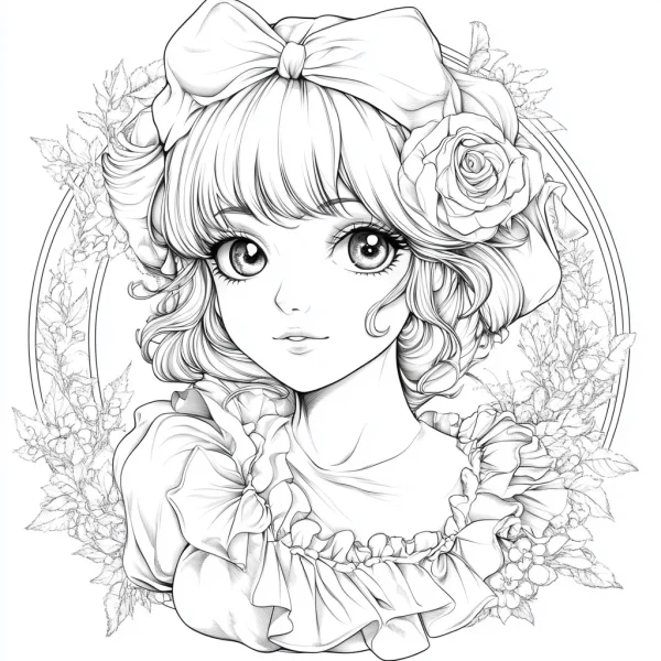 Cute curly-haired girl with big bow and rose in hair, japanese anime style — free printable characters coloring book page