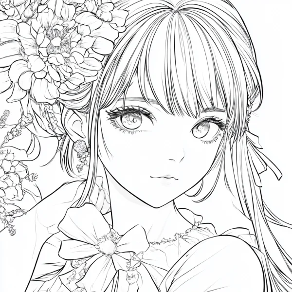 Flower-adorned anime girl, japanese anime style — free printable characters coloring book page