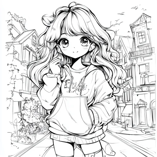Cute cartoon long-haired girl in hoodie and shorts, japanese anime style — free printable cartoon coloring book page