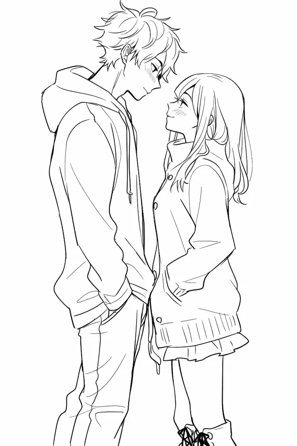 Shy anime couple, japanese anime style — free printable japanese coloring book page