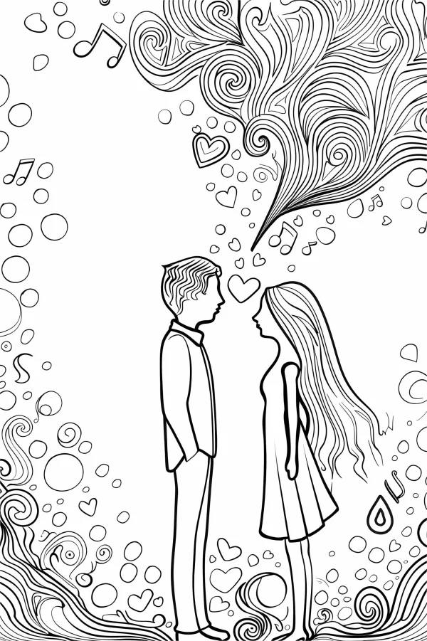 A boy and a girl gazing at each other, cartoon line art style — free printable creativity coloring book page