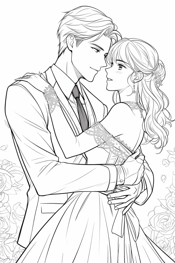 Affectionate couple embracing in formal wedding attire, anime style — free printable wedding coloring book page