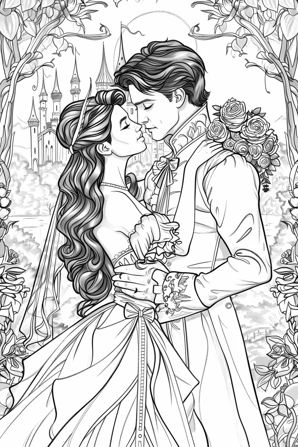 Fairy tale wedding prince and princess kissing, fairy tale illustration style — free printable wedding coloring book page
