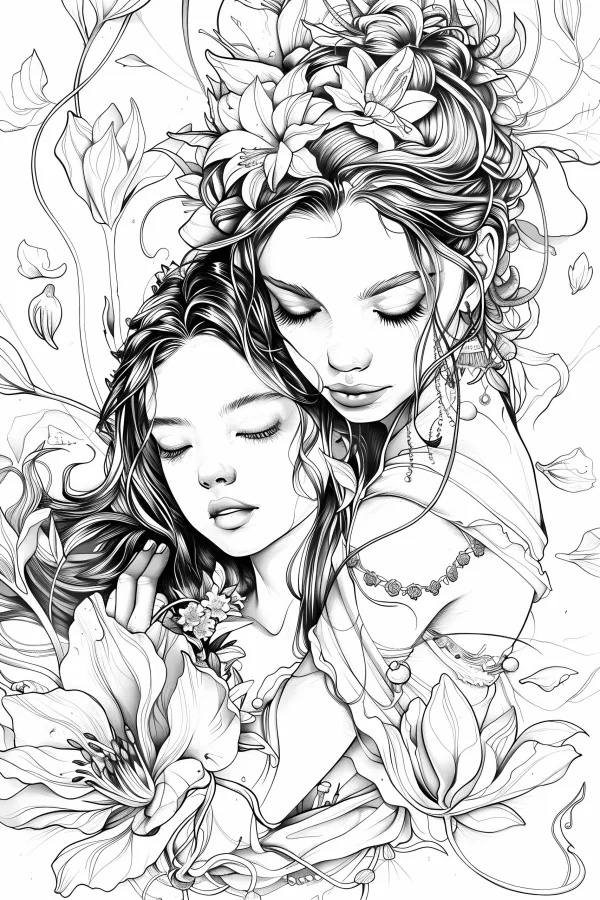Two girls with closed eyes surrounded by lilies and various flowers, delicate line art style — free printable characters coloring book page