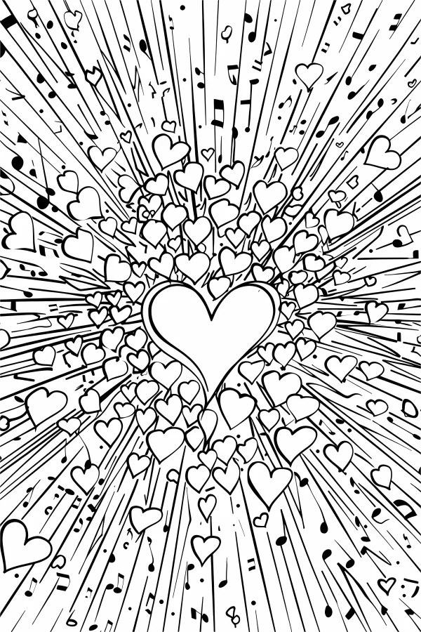 Central heart with radiating small hearts and musical notes, cartoon line art style — free printable valentine's day coloring book page