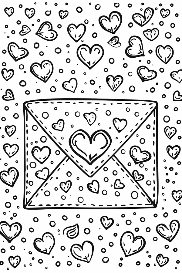 Cartoon style love letter envelope with various heart patterns, surrounded by scattered hearts and dots — free printable romance coloring book page