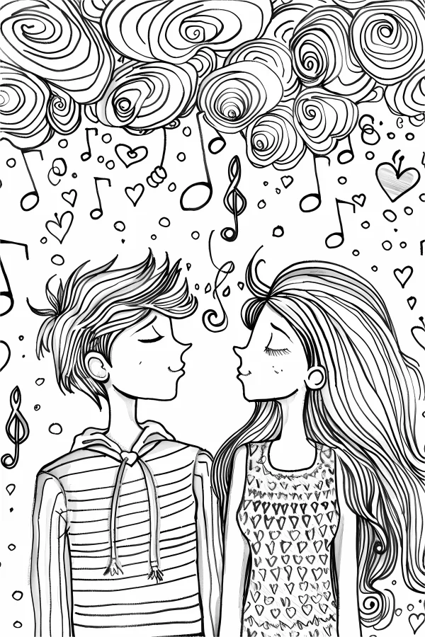 Cute cartoon couple, cartoon style — free printable love coloring book page