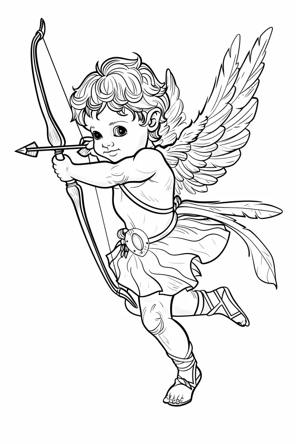 Cute cupid angel aiming with bow and arrow, cartoon illustration style — free printable love coloring book page