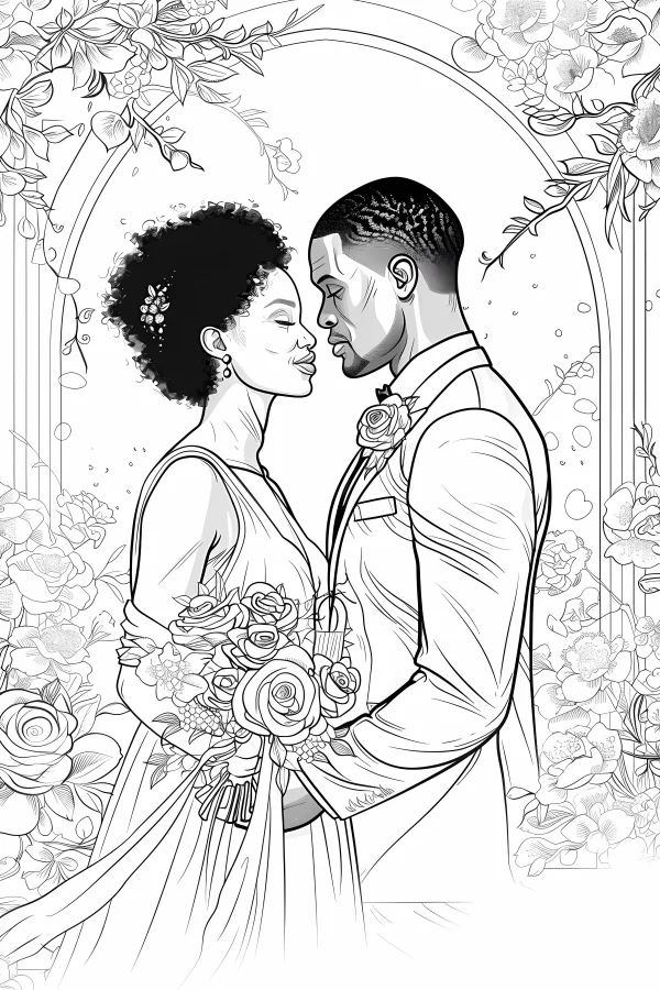 Black newlywed couple, realistic illustration style — free printable wedding coloring book page
