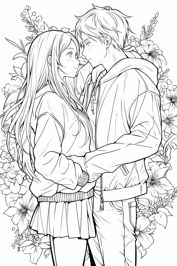 Coloring book page, young romantic couple in casual clothes — free printable love coloring book page