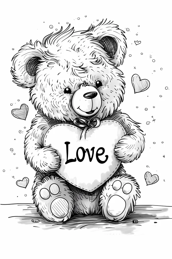 Cute teddy bear holding a heart with 'love' text, cartoon style — free printable love coloring book page