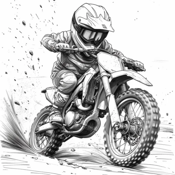 Rider on off-road dirt motorcycle, realistic sketch style — free printable sports coloring book page