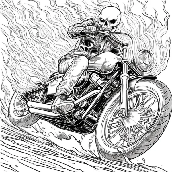 Skull biker riding a vintage motorcycle, gothic dark style — free printable horror coloring book page