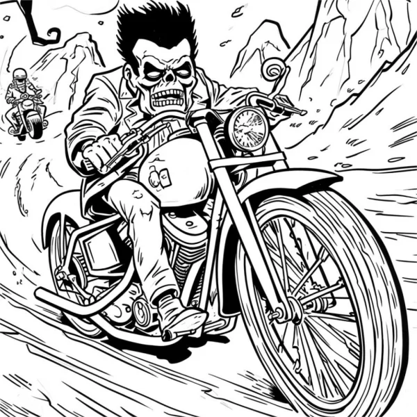Cartoon skeleton motorcyclist riding a chopper motorcycle, cartoon horror style — free printable horror coloring book page