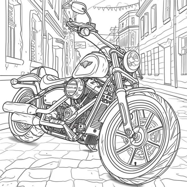 Vintage motorcycle on cobblestone urban street, realistic illustration style — free printable city life coloring book page