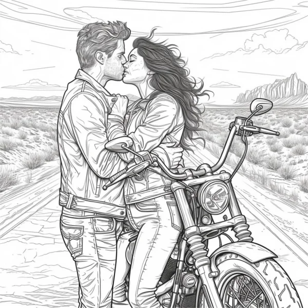 Kissing couple beside motorcycle on desert road, realistic illustration style — free printable love coloring book page
