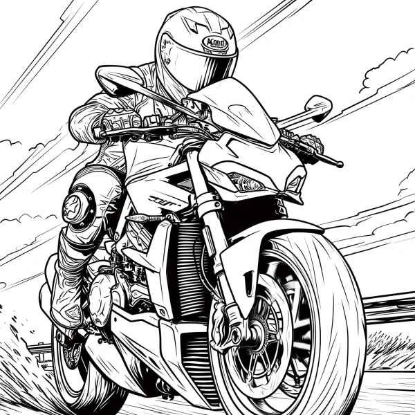 Motorcyclist riding a z1000 motorcycle with x-moto helmet, realistic line art style — free printable sports coloring book page