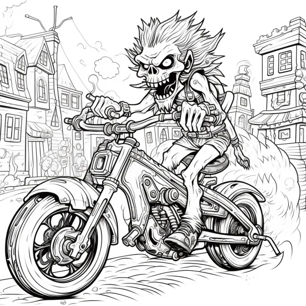 Skeleton biker riding a motorcycle, horror dark style — free printable horror coloring book page