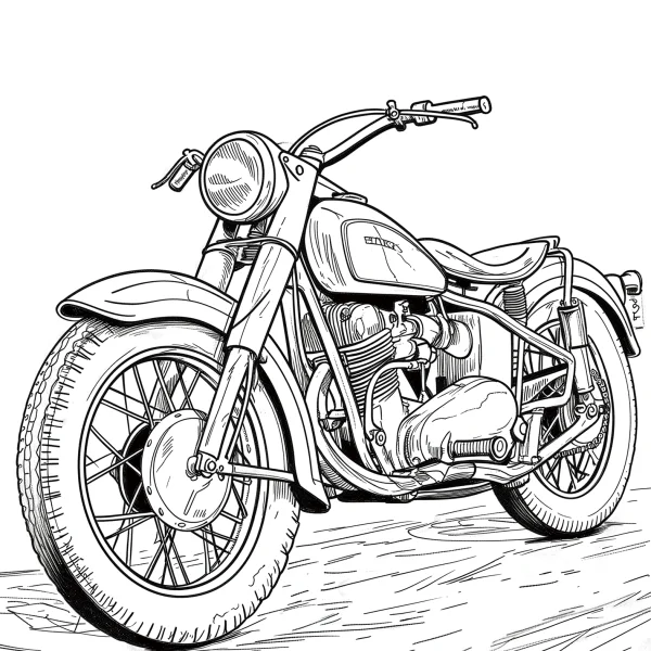 Vintage cruising motorcycle, realistic sketch style — free printable cycling coloring book page