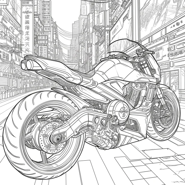 Heavy motorcycle in cyberpunk futuristic city, cyberpunk sci-fi art style — free printable city coloring book page