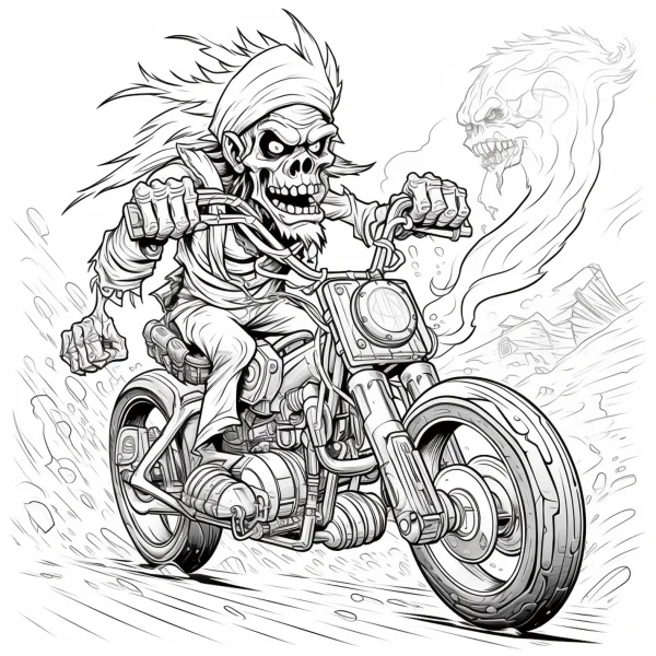 Skull motorcyclist with bandana, cartoon horror style — free printable horror coloring book page