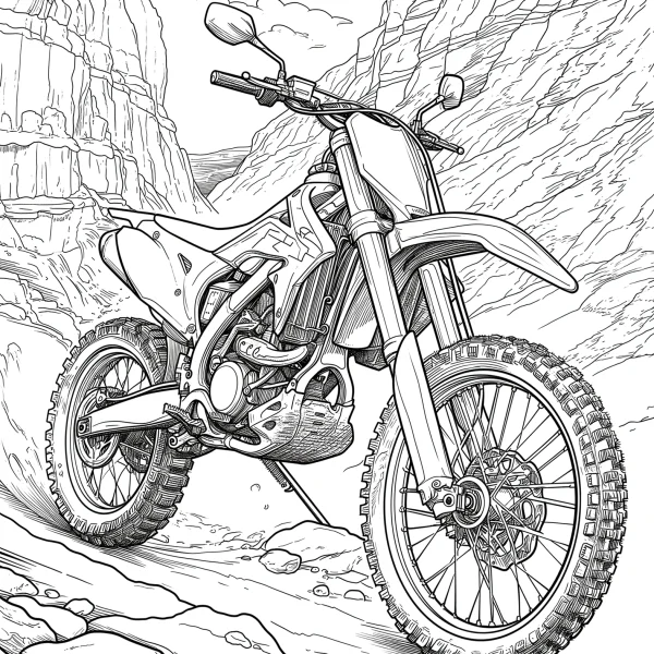 Off-road motorcycle, realistic line art style — free printable sports coloring book page