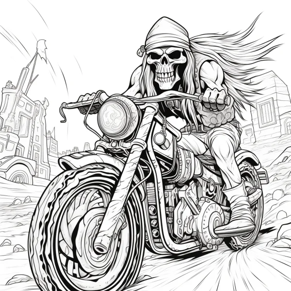Skeleton biker riding a vintage motorcycle, gothic dark style — free printable horror coloring book page