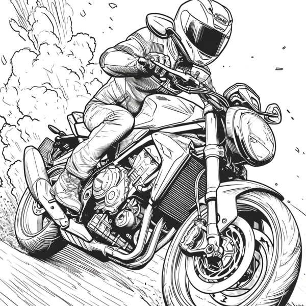 Motorcyclist riding a detailed motorcycle, realistic sketch style — free printable sports coloring book page