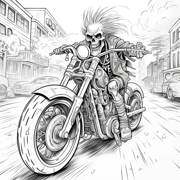 Skeleton biker riding a heavy motorcycle, comic art style — free printable horror coloring book page