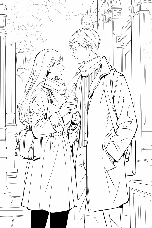 Street couple in autumn coats, japanese anime line art — free printable love coloring book page