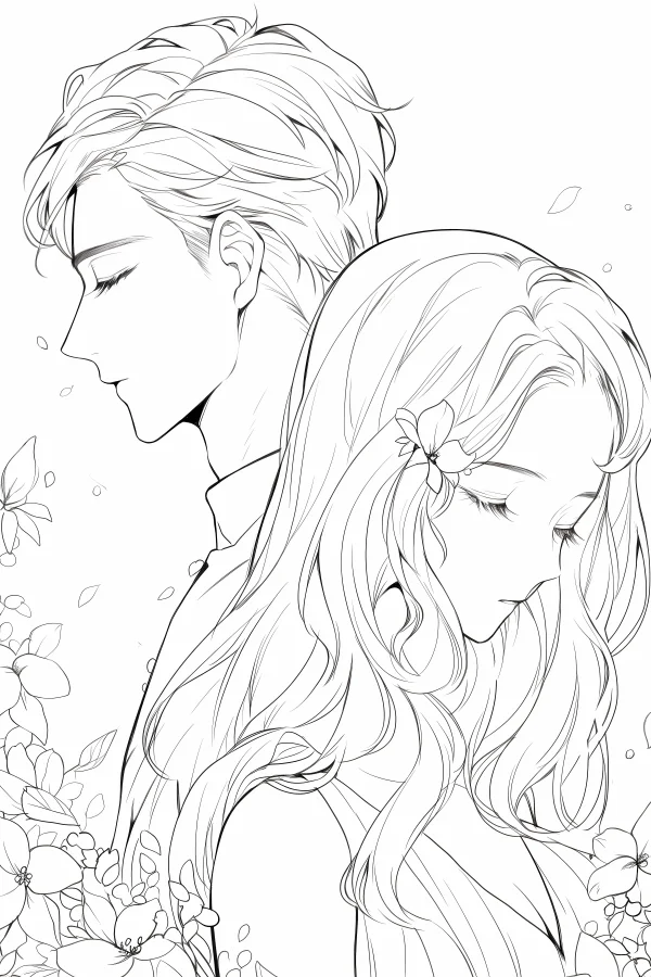 Closed-eyed affectionate couple, anime style — free printable love coloring book page