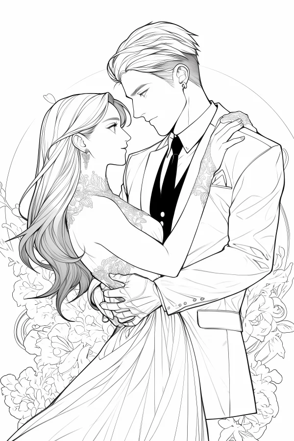 Embracing couple in formal wedding attire, cartoon illustration style — free printable love coloring book page