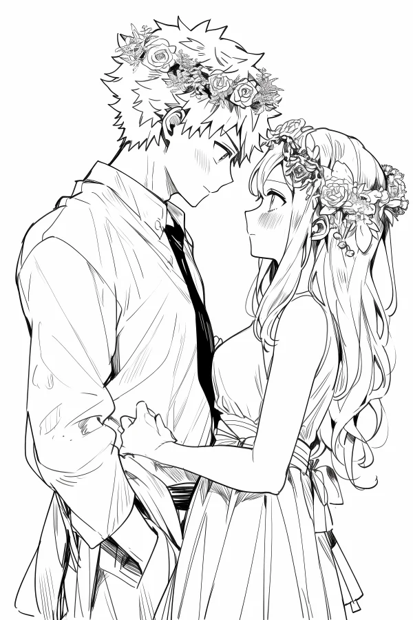 Young couple with flower crowns, anime style — free printable love coloring book page