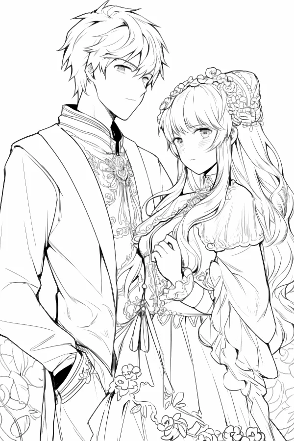 Young couple in elegant vintage european costumes, anime style — free printable love coloring book page