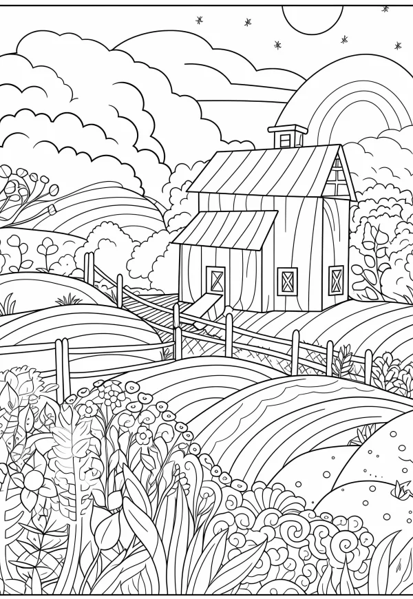 Rural farm barn in pastoral countryside scene, rolling fields with various flowers and plants — free printable rural life coloring book page