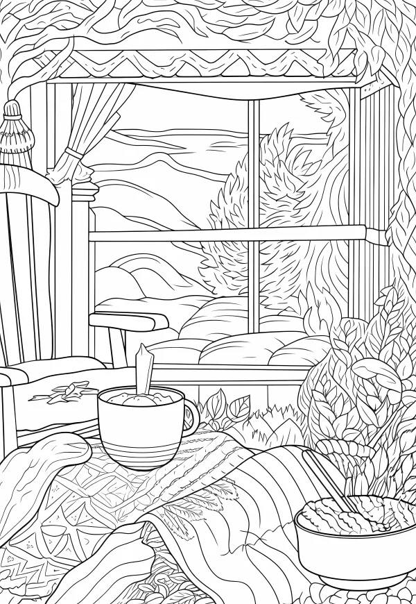 Cozy window side leisure scene with rocking chair, mug — free printable home leisure coloring book page