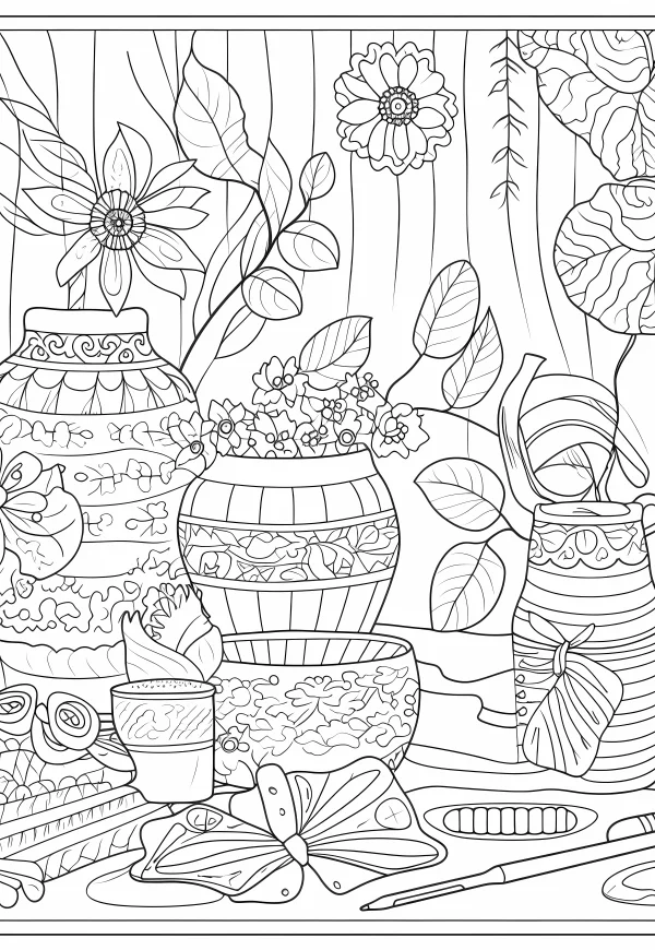 Decorative vases with potted flowers and craft supplies, decorative art style — free printable handmade coloring book page