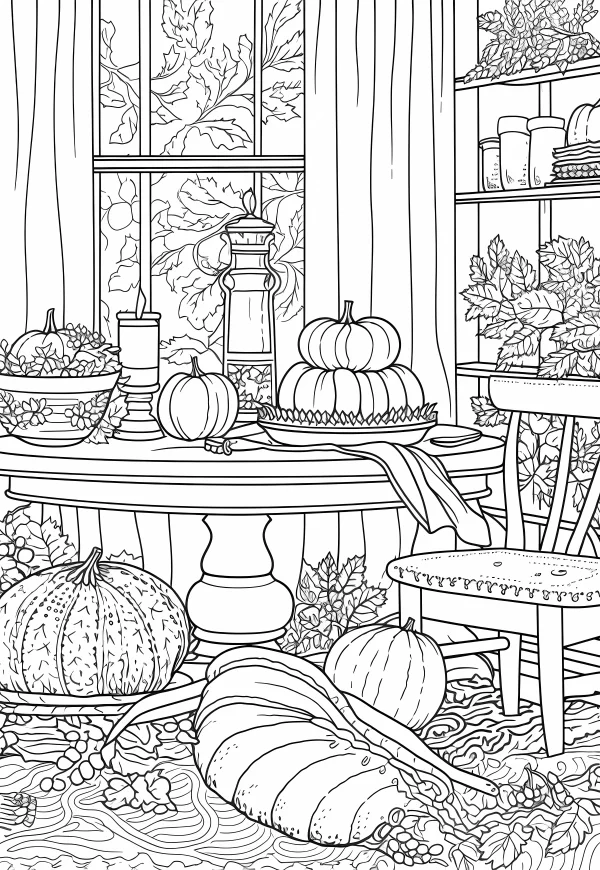 Thanksgiving harvest dining table scene, realistic illustration style — free printable thanksgiving coloring book page