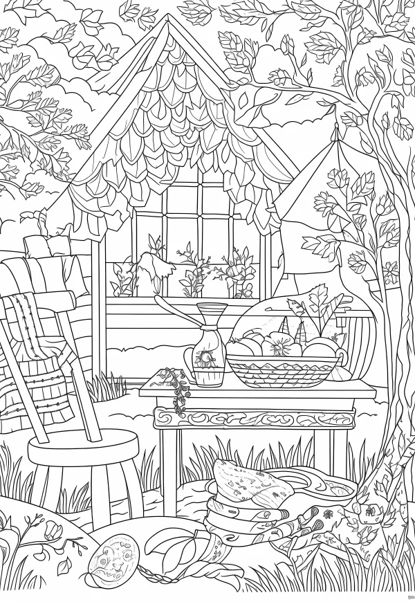 Pastoral courtyard scene with a small cottage, wooden chair — free printable rural life coloring book page