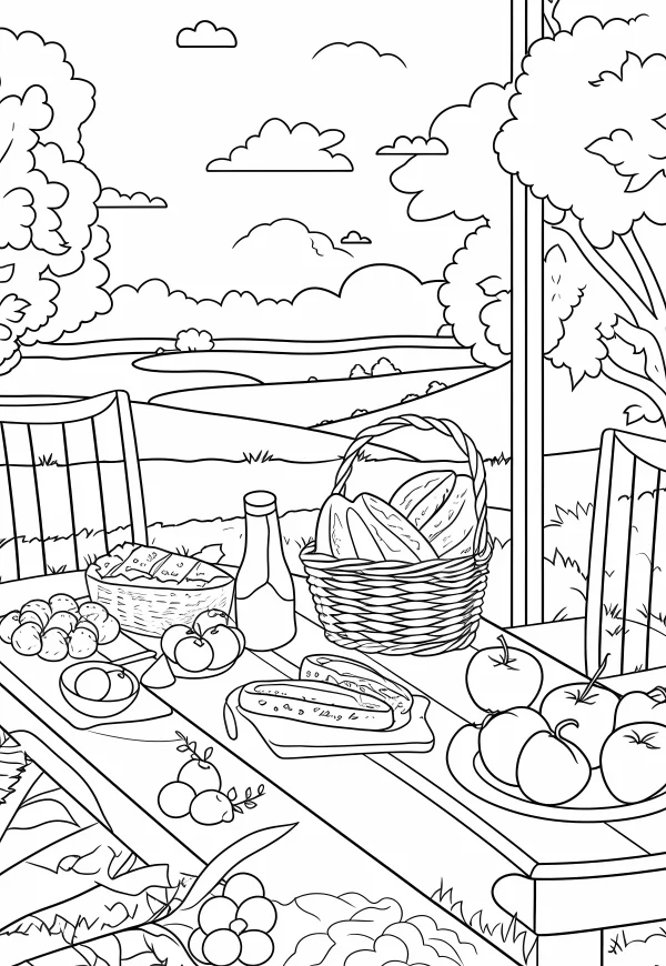 Outdoor picnic table with various foods including bread, apples — free printable picnic coloring book page