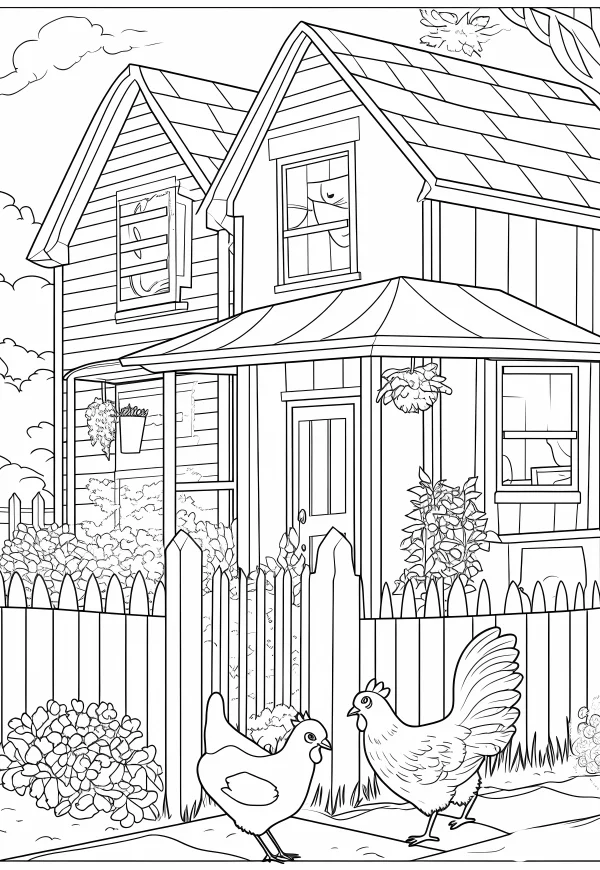 Rural cottage with hens and rooster, cartoon style — free printable country life coloring book page