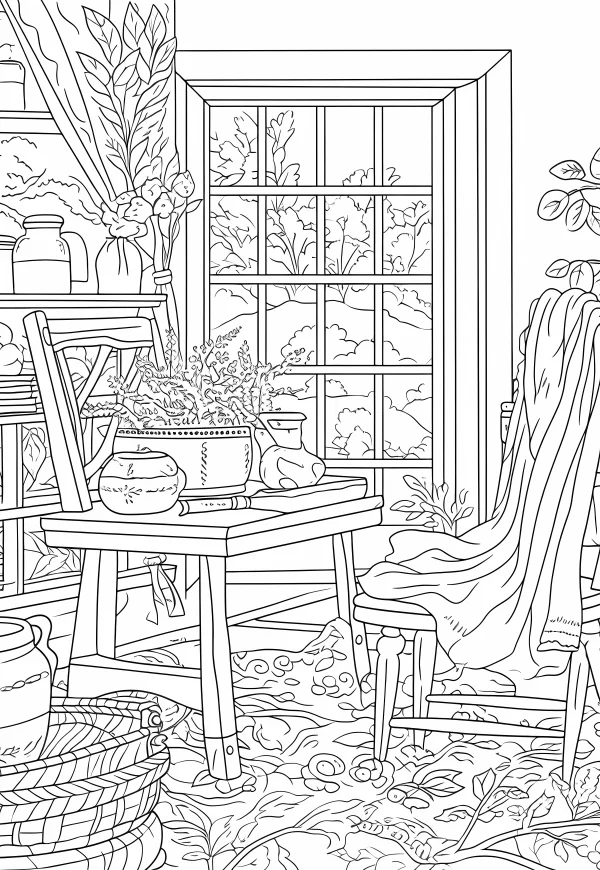Cozy indoor home scene with various plants and furniture, illustration style — free printable home coloring book page