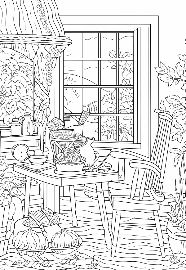 Cozy cottage dining table scene, pastoral style — free printable family coloring book page