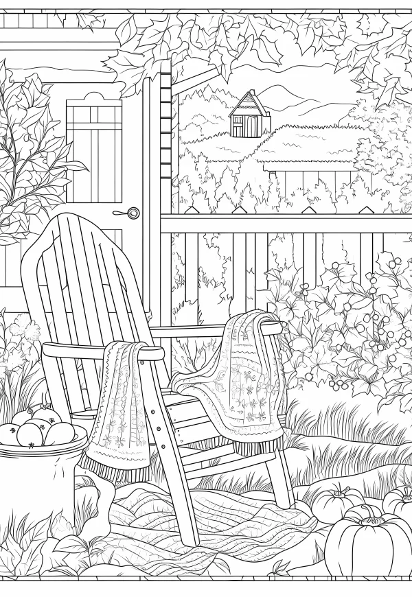 Wooden patio chair with decorative blankets in an autumn backyard, realistic line art style — free printable autumn coloring book page
