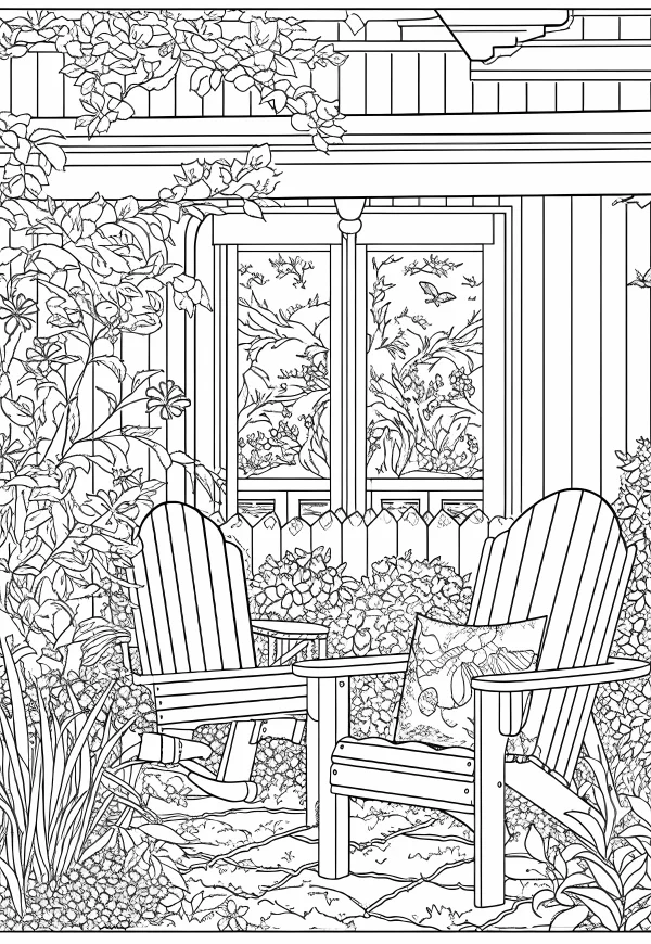 Outdoor patio scene with two adirondack chairs and decorative pillow, surrounded by lush vines — free printable gardening coloring book page