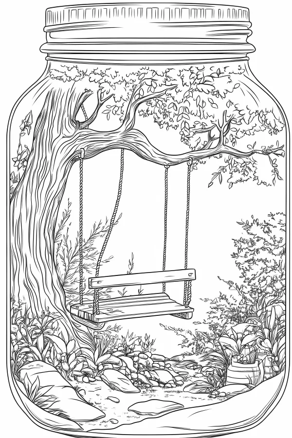 Miniature scene of a big tree with swing inside a glass mason jar, fantasy style — free printable leisure coloring book page